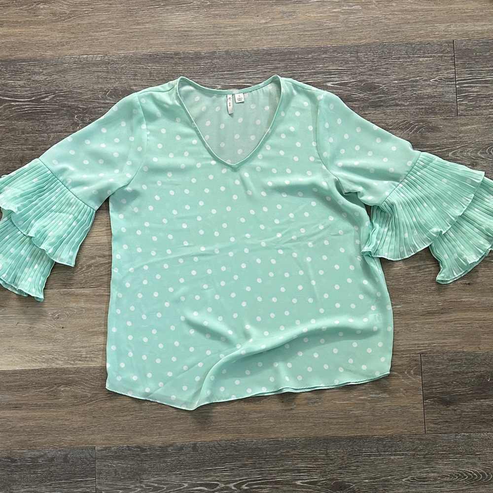 Cato Mint Green Polka Dot Blouse with Ruffled Sleeves